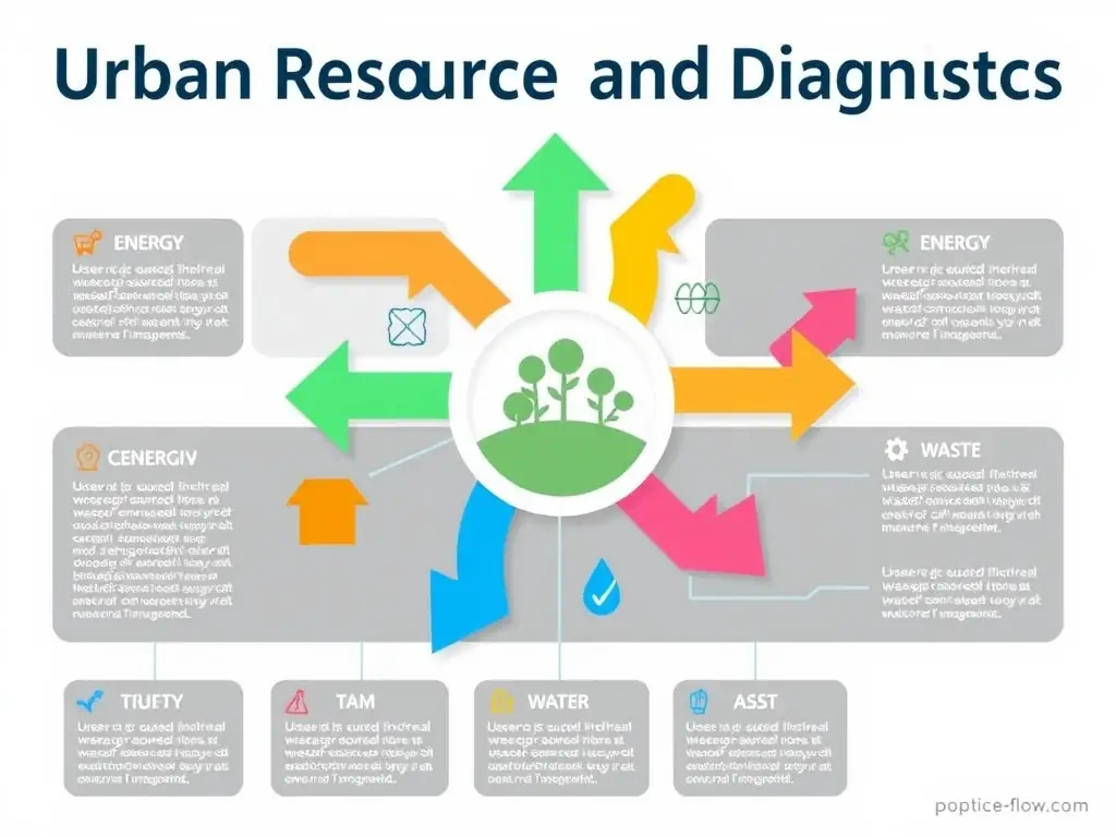 An infographic illustrating urban resource flows and diagnostics.